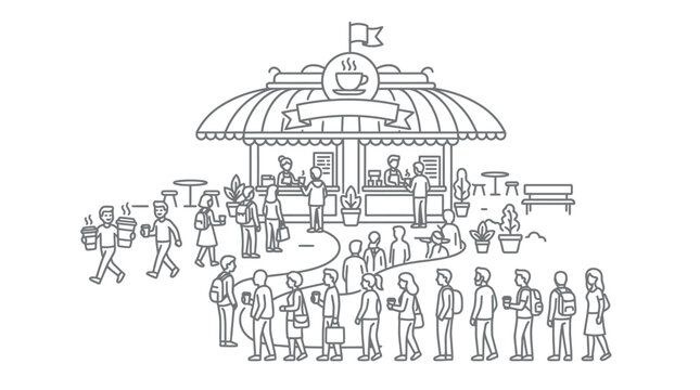 Long queue of people at large circular cafe.