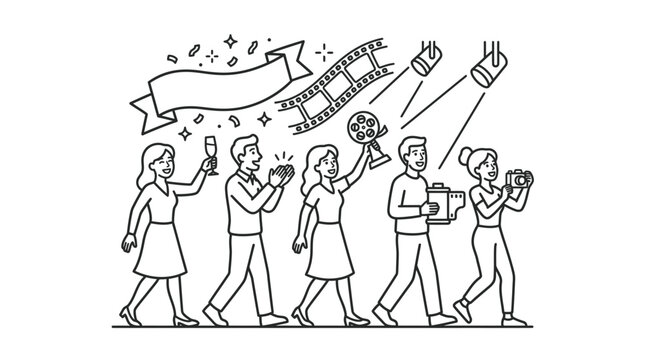 Line art illustration of movie premiere celebration and paparazzi.
