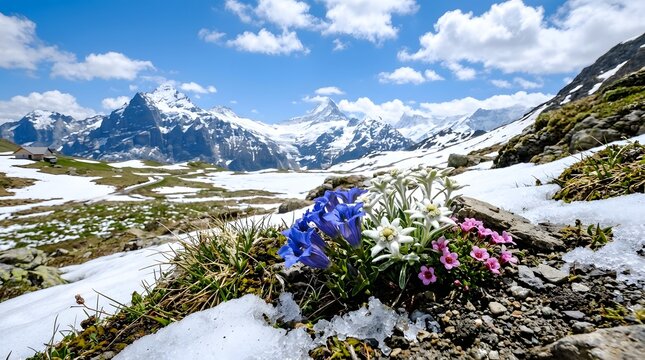 Vibrant alpine wildflowers bloom amidst melting snow and majestic peaks under a clear blue sky, signaling spring in the high mountains