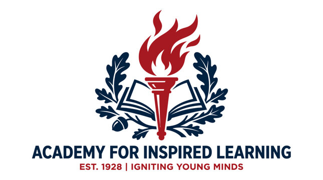Vector logo emblem with torch, open book, and oak leaves, representing education and achievement.