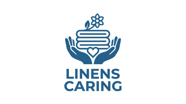 Vector logo for linens caring service with hands holding stack of folded clothes and flower