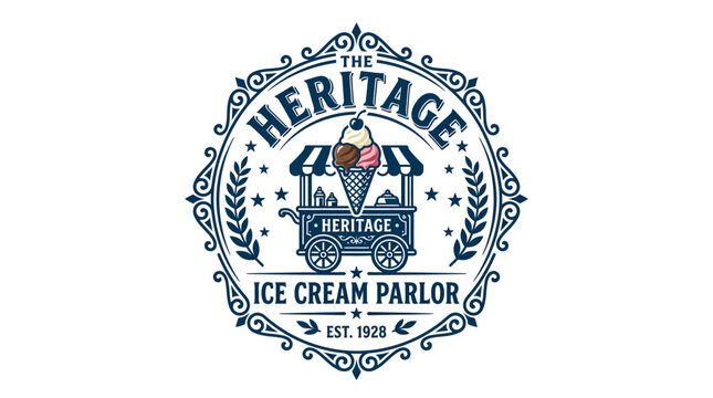 Vintage ice cream cart logo with ornate frame and sundae cone, retro graphic element