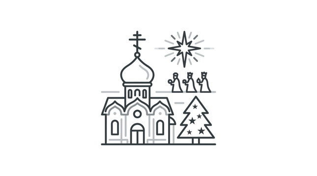 Orthodox Christmas church and three wise men line icon