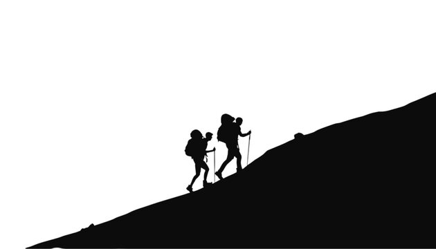 Hikers climb up a steep rocky mountain trail while carrying heavy backpacks and trekking poles today.