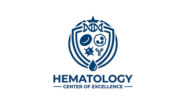Hematology center of excellence emblem with blood cells and dna icon on white background