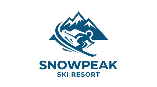 Mountain ski resort logo with skier silhouette and snow-capped peaks, vector graphic element.
