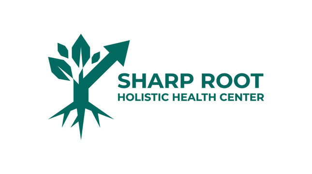 Green tree with roots and upward arrow logo for holistic health center
