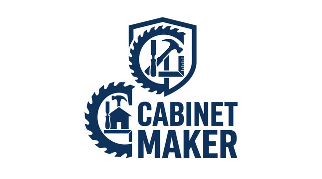 Cabinet maker logo with tools and saw blade graphic element