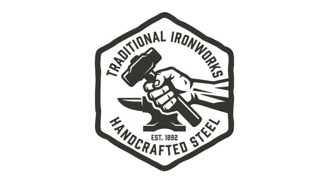 Blacksmith hand hammering metal on anvil, vintage emblem with "Traditional Ironworks" text