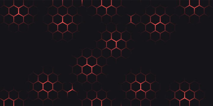 Hexagon game background with glowing red honeycomb grid on black surface. Abstract geometric pattern of connected cells for futuristic interface design. Digital technology bg with luminous edges.