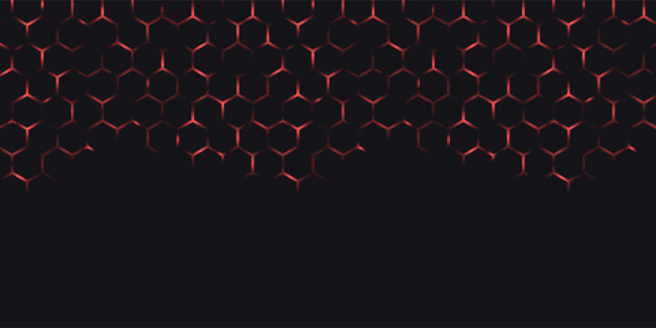 Hexagon game background with glowing red honeycomb grid on black surface. Abstract geometric pattern of connected cells for futuristic interface design. Digital technology bg with luminous edges.