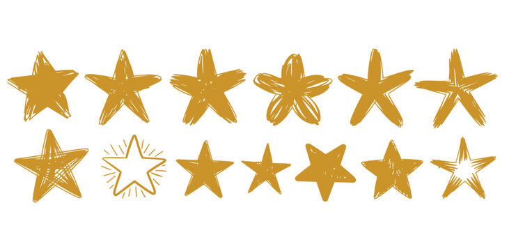 Hand Drawn Gold Star Icons, Cute Golden Doodle Sparkles and Rating Shapes Vector Set