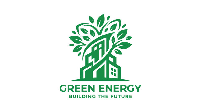 Green energy building logo with tree leaves, sustainable concept graphic