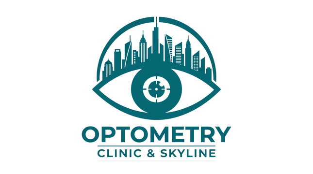 Optometry clinic logo with cityscape eye symbol and text