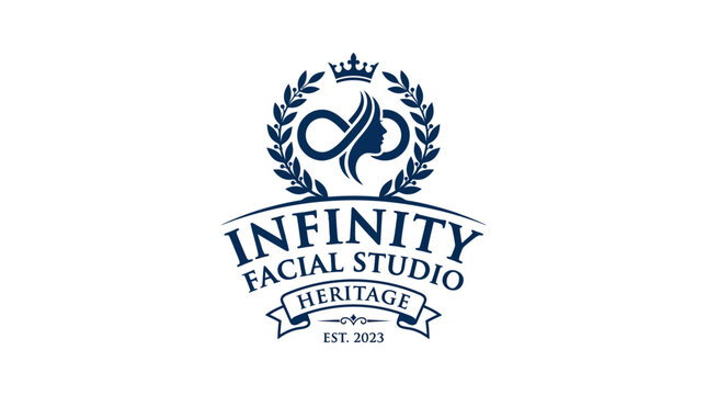 Elegant infinity symbol with woman's profile inside laurel wreath and crown, 'Infinity Facial Studio Heritage' text