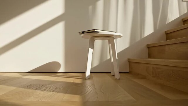 Monday morning stillness with a slim notebook resting on a small white stool near wooden stairs, geometric sunlight and shadows shaping a peaceful minimalist study corner before daily plans unfold