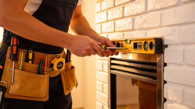 Person installing fireplace with tools