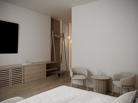 Hotel room with coffee lounge space with table, chair and tv