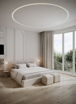 Hotel room bedroom cloud dancer color with accent celling lamp light