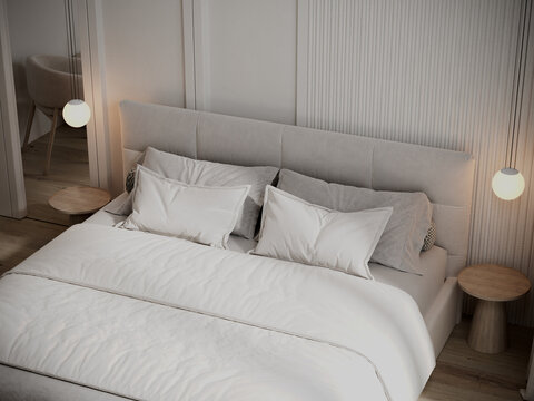 Bedroom, hotel room closeup with double bed and elegant linen. 