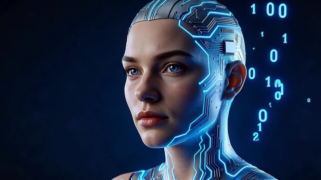 Cybernetic human head with glowing circuits