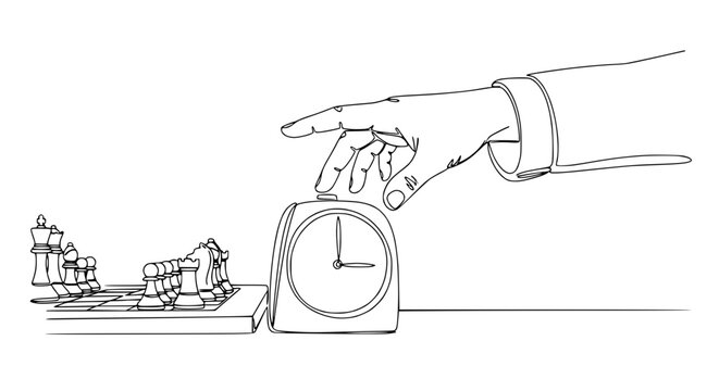 Hand pressing chess clock next to chessboard, strategy game time concept