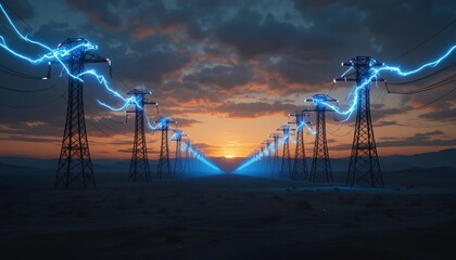 Fototapeta premium Power Transmission Towers with Blue Lightning Arcs at Sunset 