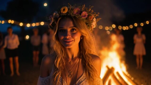 Smiling Woman in Floral Wreath During Summer Solstice Festival