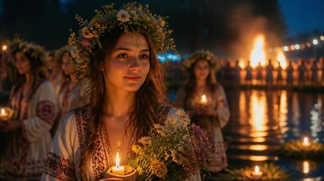 Young Woman with Flower Crown at Summer Solstice Night Celebration