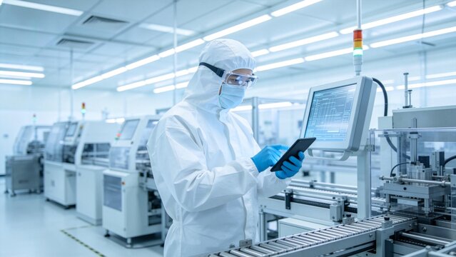 Person in protective suit working with tablet in factory