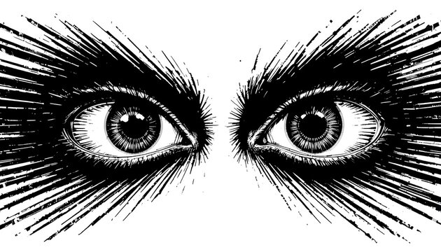 Dramatic Eyes with Long Spiky Eyelashes Black and White Sketch
