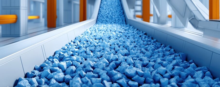 Recycle technology plastic pellet conveyor factory interior for sustainable manufacturing workflow with clean industrial equipment and efficient