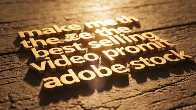 Golden 3D text "make the best selling video pro adobe stock" on wooden background