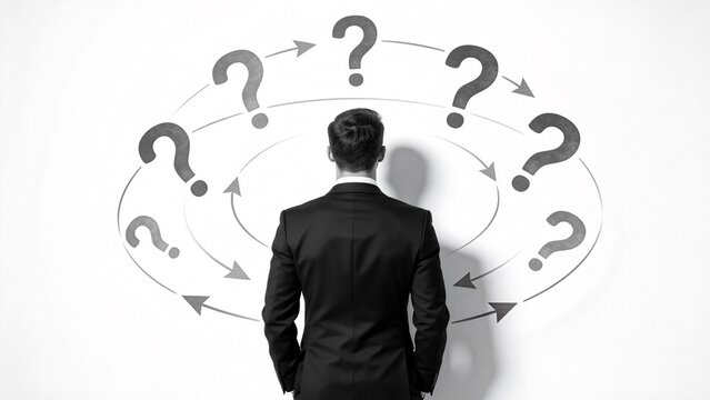 Man in suit facing question marks