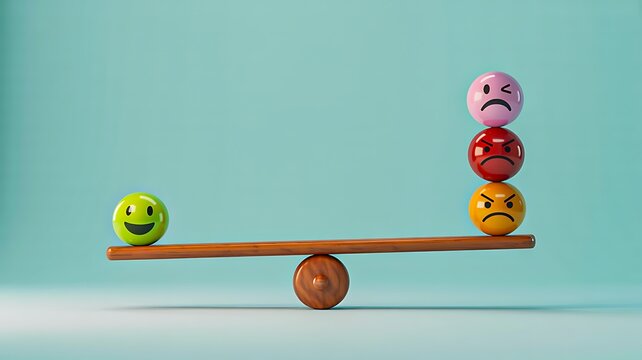 Positive and negative emotion balance concept with smiley and sad face symbols on seesaw