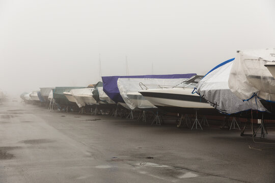 Row of Boats in Winter Storage at Dry Dock Marina