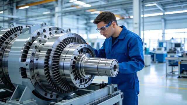 Factory worker inspecting large industrial machine