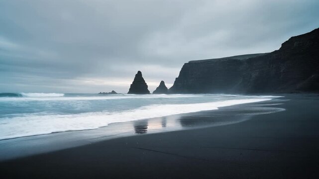 Moody coastal scene with dark cliffs and black sand beach at dusk