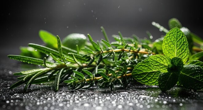 Pristine sprigs of fresh rosemary thyme and vibrant mint leaves glistening with crystalline water droplets against a dramatic dark backdrop