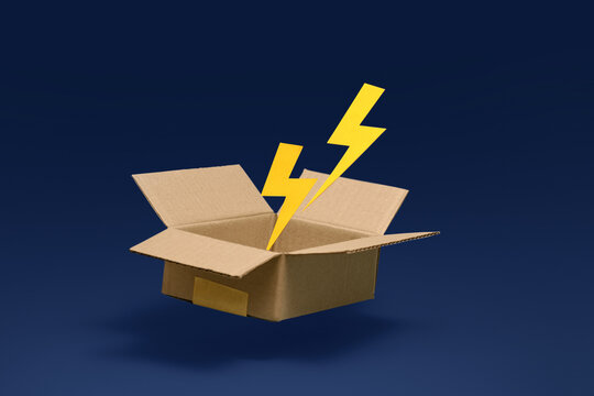 Open cardboard box with bright yellow lightning bolts