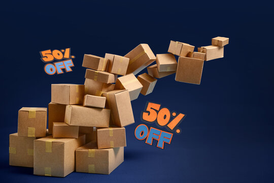 Fifty Percent Off Sale with Piles of Cardboard Shipping Boxes