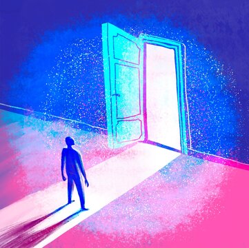 Person Standing Before Open Door with Bright Light