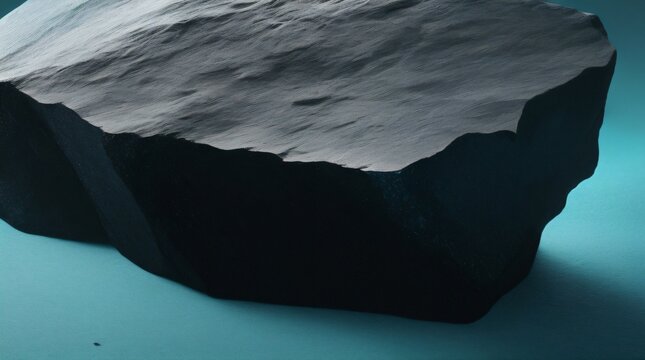 Deep black rock texture with sharp edges isolated on a vibrant cyan background, abstract contrast.