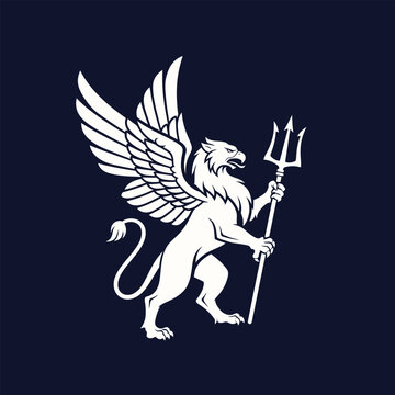White griffin holding a trident on a dark blue background