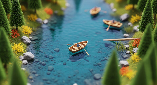 Tilt shift miniature of wooden boats rowing on a clear mountain river