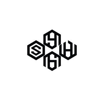 Four hexagonal geometric with letters s, y, m, h, black and white monogram
