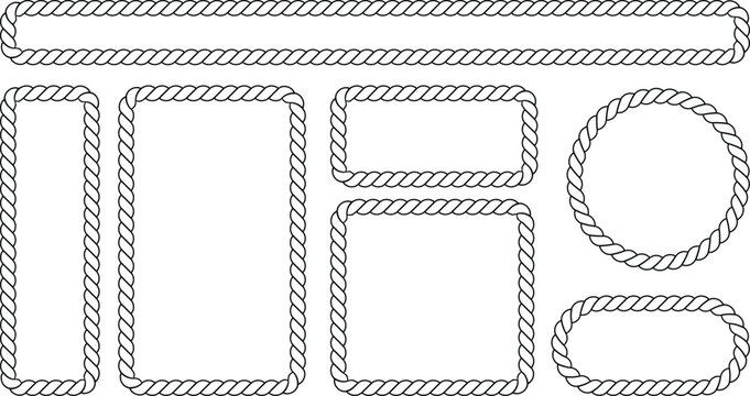 Diverse collection of thin rope outline frames with rounded corners in various rectangular and oval shapes