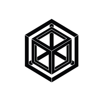 Impossible cube geometric optical illusion black and white hexagonal frame