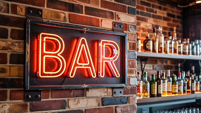 Neon bar sign glowing above liquor bottles on brick wall in modern pub interior