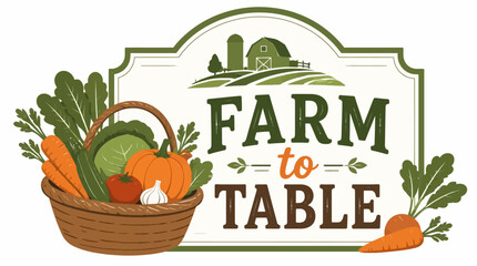 Farm to table concept with basket of fresh vegetables, barn and fields illustration © STICH99